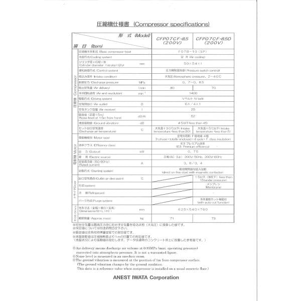 コンプレッサー アネスト岩田 1馬力 CFP07CF-8.5D M6 60hz オイルフリー コンプレッサー 200V 圧力開閉器式