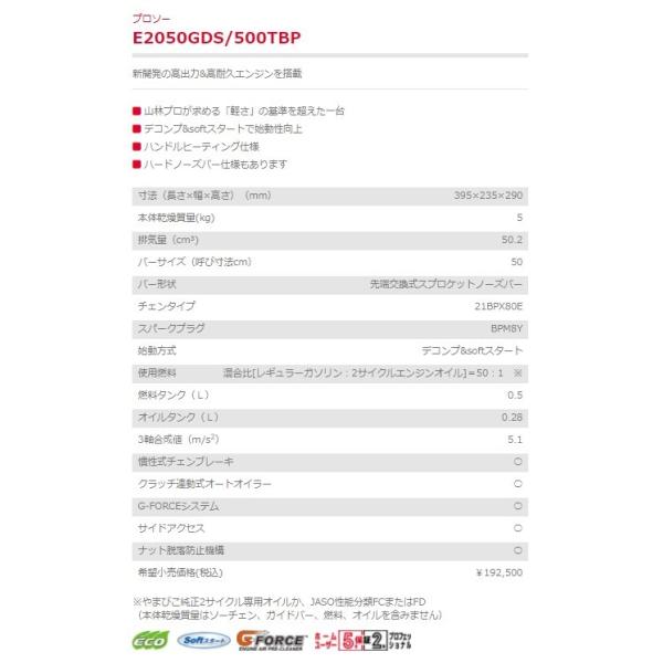 エンジンチェンソー E2050GDS 500TBP 先端交換式スプロケットノーズバー 新ダイワ やまびこ