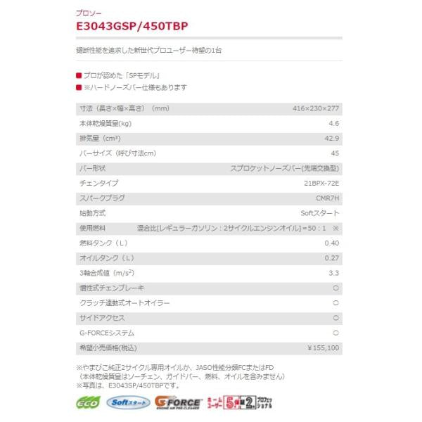 チェンソー E3043GSP 450TBP スプロケットノーズバー (先端交換型) 新ダイワ プロソー エンジン やまびこ