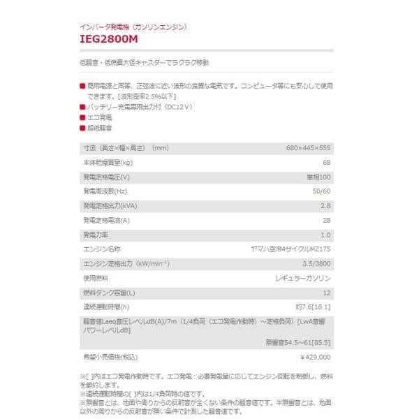 発電機 インバーター 新ダイワ ガソリン IEG2800M やまびこ