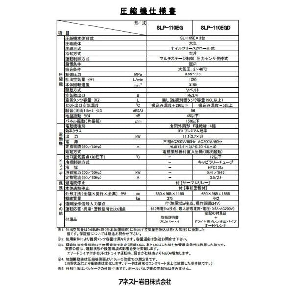エアーコンプレッサー アネスト岩田 SLP-110EGD 50Hz オイルフリー スクロール ドライヤー付 15馬力