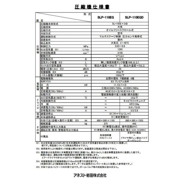 コンプレッサー アネスト岩田 15馬力 SLP-110EG M6 60hz オイルフリー スクロール コンプレッサー 非常停止スイッチ