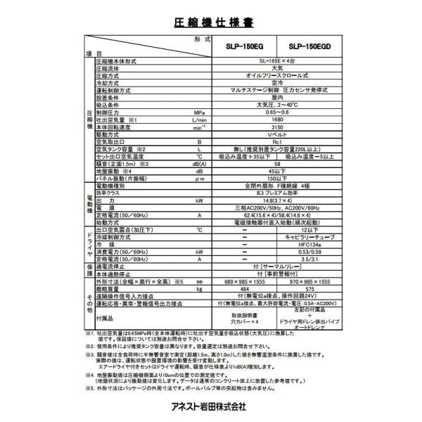 コンプレッサー アネスト岩田 20馬力 SLP-1501EG M6 60hz オイルフリー スクロール ドライヤー無し