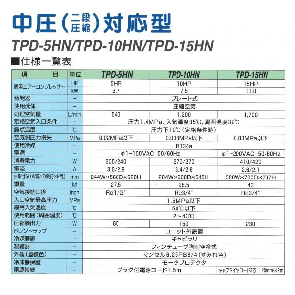 エアードライヤー コンプレッサー 東プレ TPD-5HN 5馬力対応 エアーコンプレッサー用