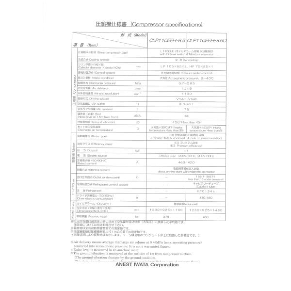 コンプレッサー アネスト岩田 15馬力 CLP110EFH-8.5 M5 50hz 給油式 レシプロ オプション仕様 0.85MPa 【受注生産】