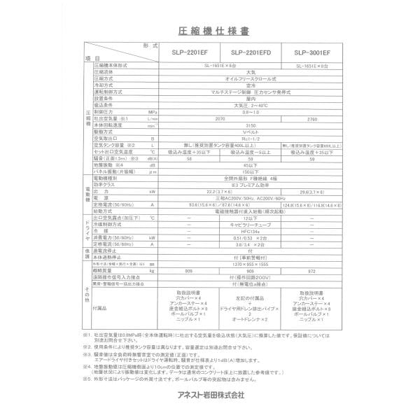 コンプレッサー アネスト岩田 SLP-2201EFD M6 60hz オイルフリー スクロール ドライヤー付 静音