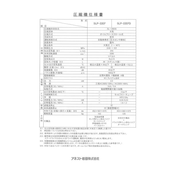 コンプレッサー アネスト岩田 SLP-22EFD M6 60hz オイルフリー スクロール ドライヤー付 3馬力