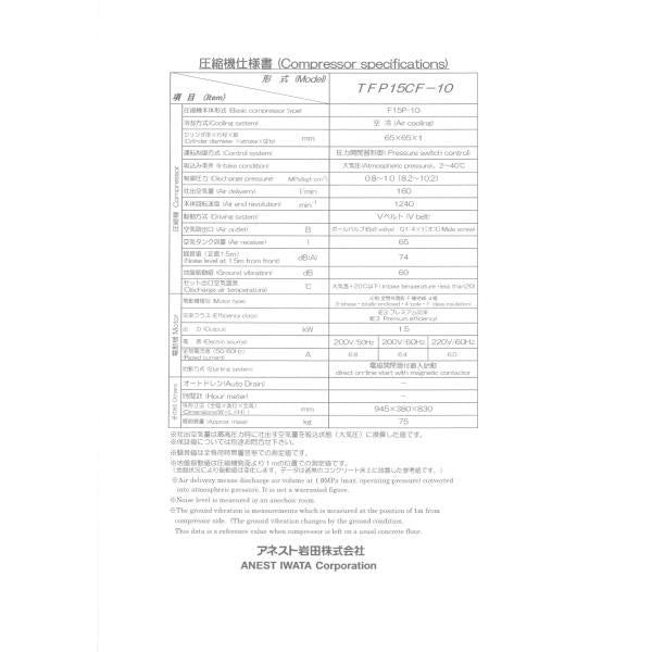 コンプレッサー オイルフリー アネスト岩田 2馬力 TFP15CF-10 M5  レシプロ 圧力開閉器式 50hz