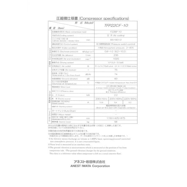 コンプレッサー 3馬力 アネスト岩田  TFP22CF-10 M6 オイルフリー レシプロ 圧力開閉器式 60hz