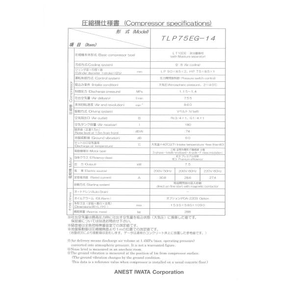 アネスト岩田 TLP75EG-14 M5 中圧 10馬力 給油式 レシプロ タンクマウント 圧力開閉器式 50hz