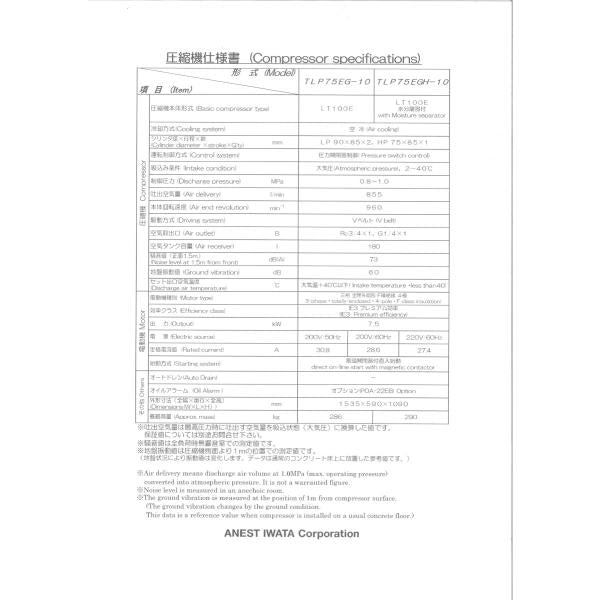 アネスト岩田 TLP75EGH-10 M6 10馬力 給油式 レシプロ タンクマウント 圧力開閉器式 60hz